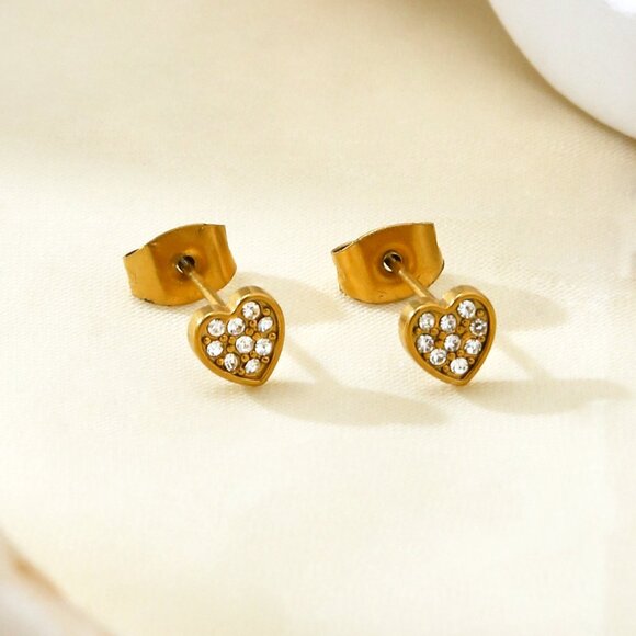 3/$35 Gold Plated Heart Stud Earrings Pave Clear Rhinestone Crystals Zirconia - Picture 6 of 8